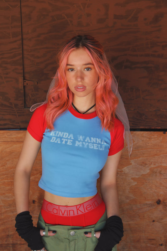 red and blue baseball cropped baby tee